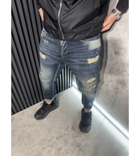 Мъжки Дънки Тъмносини с Кръпки - 271 R2