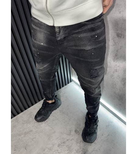 Мъжки Дънки Черни с Избелващ Ефект, Кръпки и Пръски