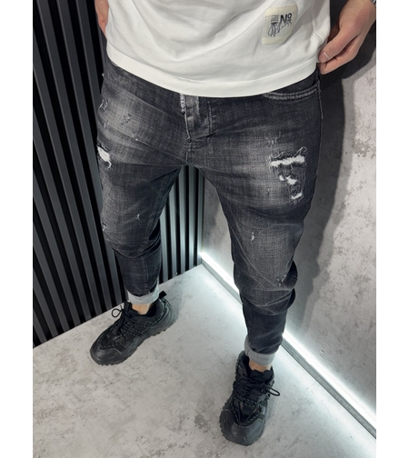 Мъжки Дънки Черни с Бели Кръпки