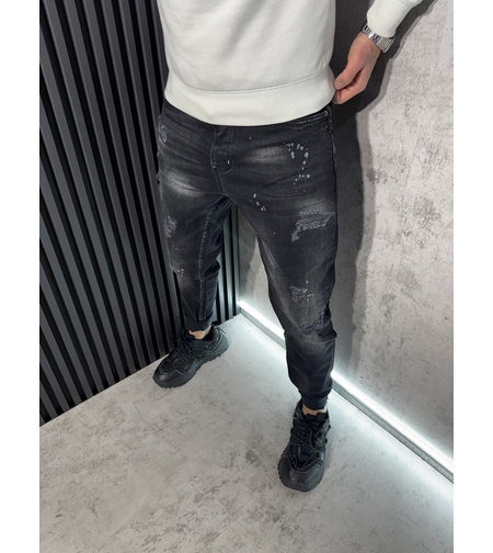 Мъжки Дънки Черни с Кръпки и Изсветлени Участъци 12230