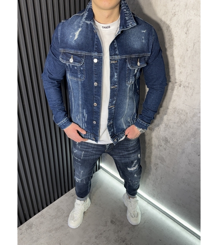 Мъжко Дънково Яке Slim Fit с Леки Разкъсвания