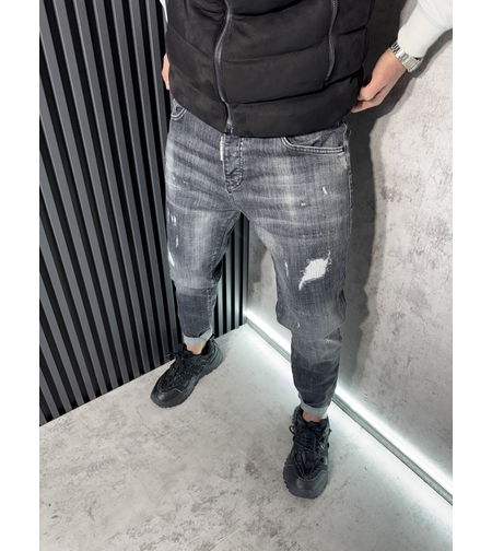 Мъжки Дънки Тъмносиви с Кръпки и Избелващ Ефект 534