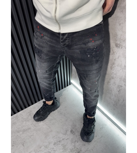 Мъжки Дънки в Черно с Избелващ Ефект и Пръски