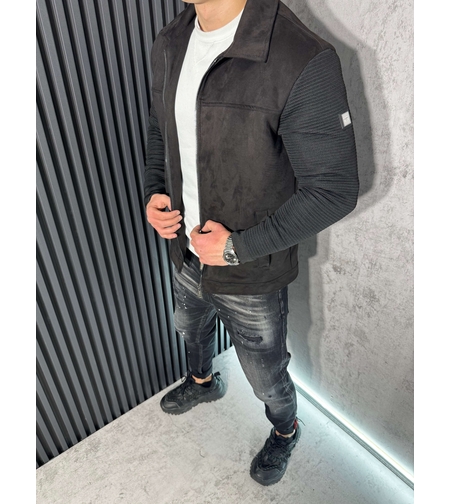 Мъжко Пролетно Яке с Велурена Повърхност и Плетени Ръкави