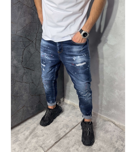 Мъжки Дънки Тъмносини с Пръски и Кръпки 829-1