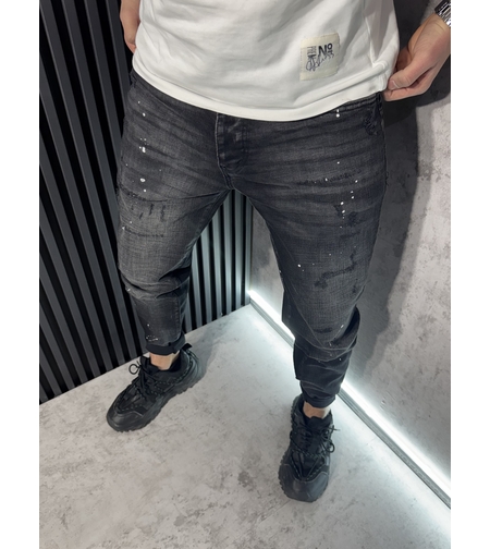 Мъжки Дънки Черни с Пръски и Избелващ Ефект