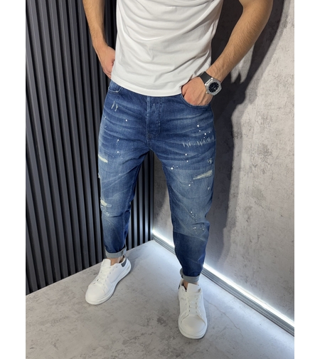 Мъжки Дънки Сини с Пръски и Washed Ефект 6904