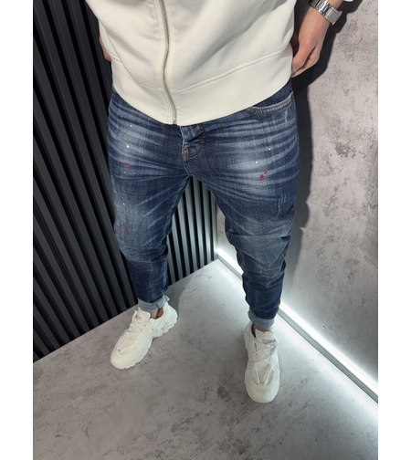 Мъжки Дънки Тъмносини с Избелващ Ефект и Пръски