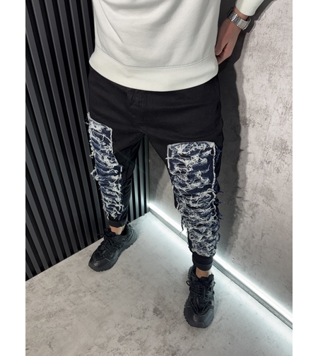 Мъжки Дънки с Декоративни Разкъсани Панели в Черно 7368