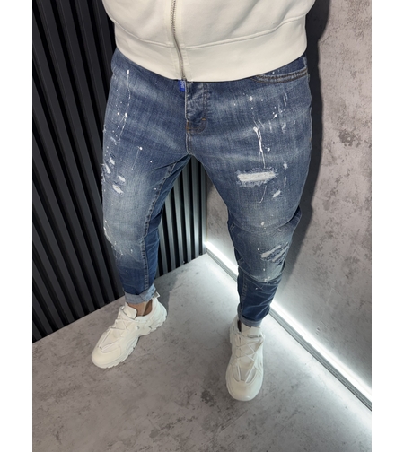 Мъжки Дънки в Синьо с Избелващ Ефект и Пръски