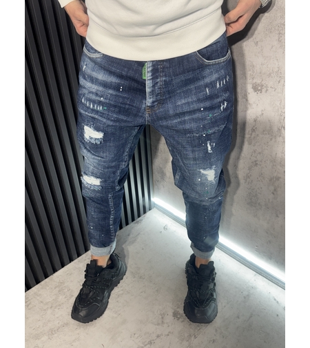 Мъжки Дънки в Тъмносиньо с Кръпки и Пръски