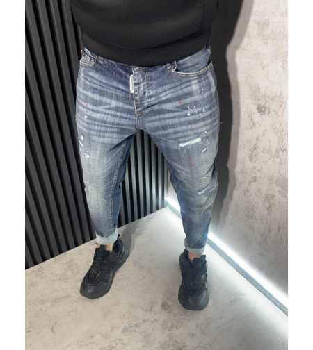 Мъжки Дънки в Светлосиньо с Бели и Червени Пръски