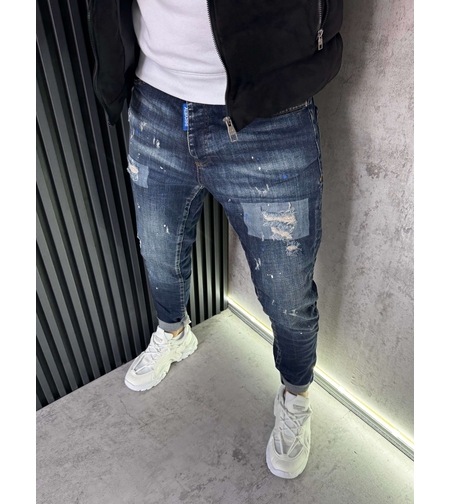 Мъжки Дънки Тъмносини с Кръпки, Разкъсвания и Пръски 197