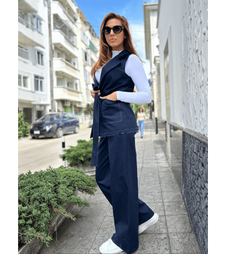 Деним сет с широк панталон и елек