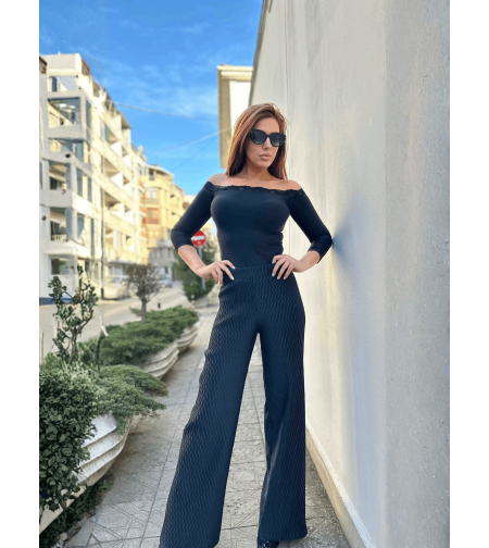 Релефен панталон с широк крачол - ЧЕРЕН