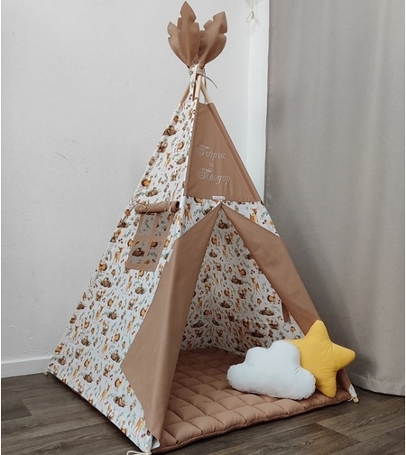 Детска палатка с дебело килимче на квадратчета в кафяво - 