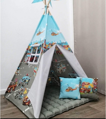 Детска палатка за момче, с килимче на малки квадратчета - 