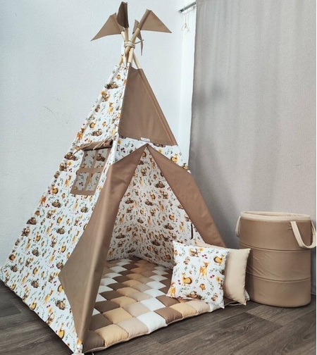 Детска палатка с дебело килимче на квадратчета - 