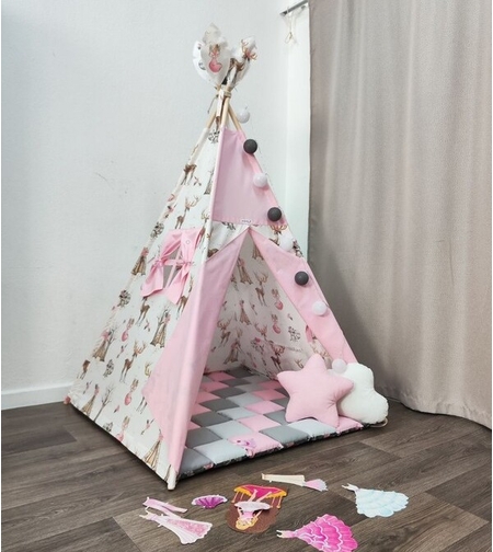 Детска палатка за момиче - Елени в гората в сиво