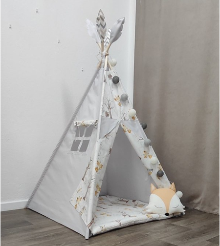 Едноцветна палатка в сиво с дебело килимче  - Лисици в гората