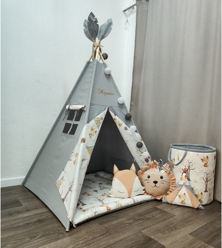 Едноцветна палатка в графитено сиво с дебело килимче  - Лисици в гората