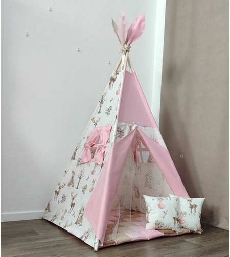 Детска палатка за момиче - Елени в гората в бежово