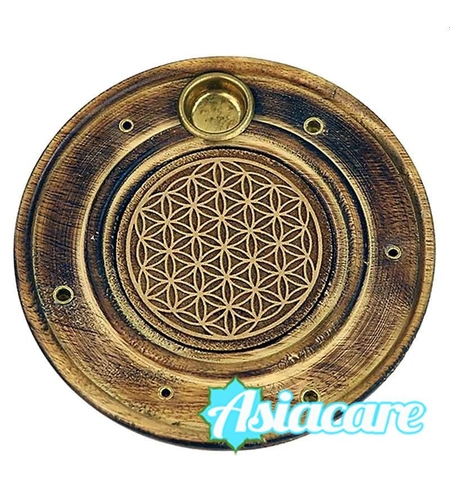 Цвете на живота: поставка за ароматни конуси и инсенс от гравирано мангово дърво