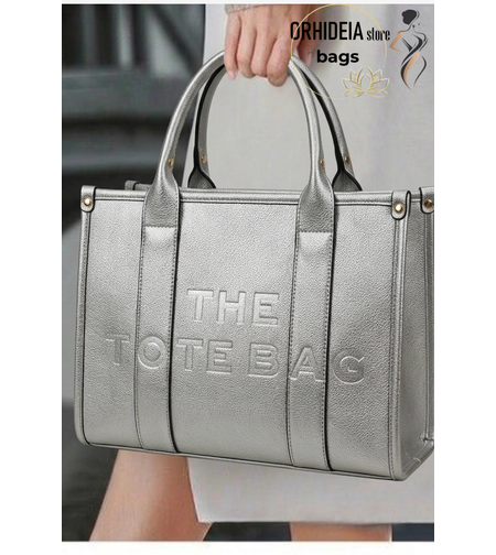 Сребриста дамска чанта The Tote Bag с релефно лого дръжки и презрамка