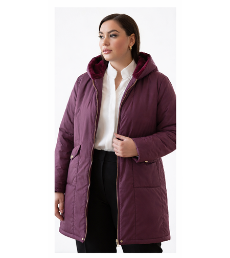 Макси зимно яке бордо с качулка, спортно елегантен модел за дами с по-пищни форми, дамско яке големи размери MaxiChic