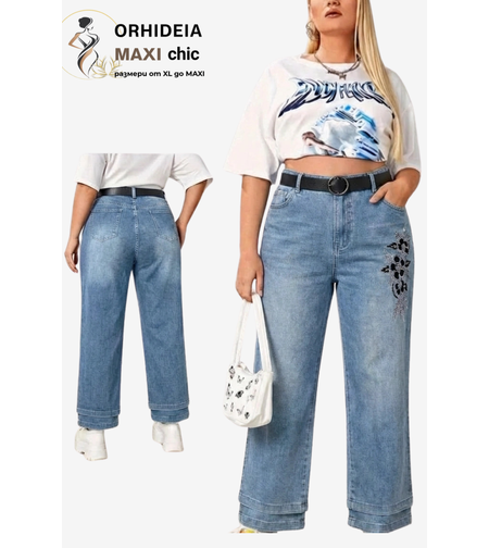 Макси дънки светлосин деним с широк крачол колан и флорална бродерия plus size