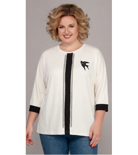 Макси дамска блуза екрю с черна декоративна лента и камъчета спортно елегантен стил удобна кройка за ежедневна визия maxichic.bg