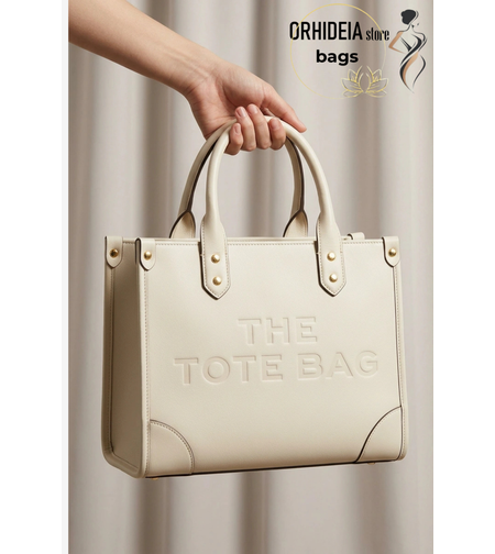 Бежова дамска чанта The Tote Bag с релефно лого и къси дръжки