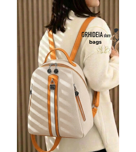 Бежова дамска раница Silver Polo от еко кожа с кафяви акценти и джобове с цип