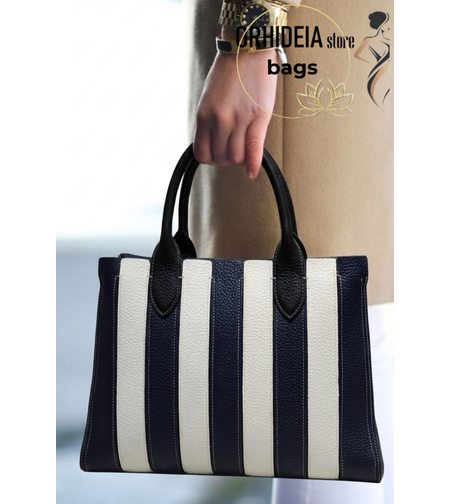 Голяма дамска чанта Chic Sailor тъмносиньо бяло райе от еко кожа