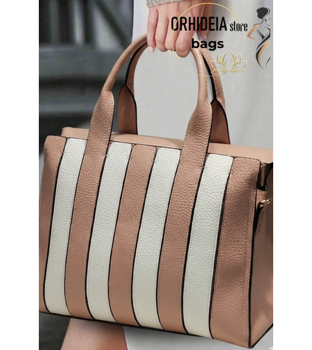 Голяма дамска чанта Chic Sailor розово бяло райе от еко кожа