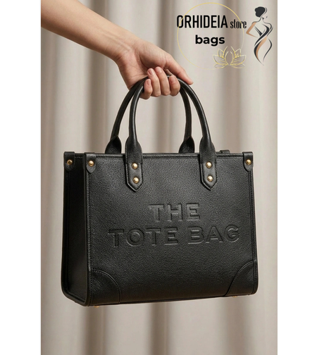 Черна дамска чанта The Tote Bag с релефно лого и къси дръжки