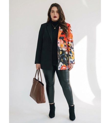 Макси дамско сако с релефен артистичен принт черно и червено спортно елегантен стил за стилна градска визия maxichic.bg