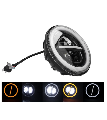 Универсален 7 инча 18см ЛЕД LED фар лампа халоген 12V-24V къси/дълги с DRL дневни светлини мигач бяло-жълто 7500lm за АТВ джип мотоциклет камион трактор и др.