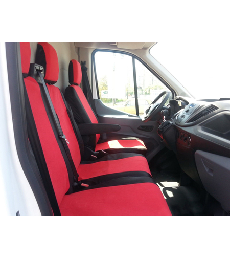 2+1 комплект калъфи / тапицерия - специално ушити за Ford Transit 2013+ - пасват перфектно - с отвор за барчето на двойната седалка - черно и червено