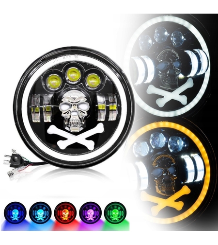 Универсален 7 инча 18см ЛЕД LED фар халоген 12V-24V къси/дълги с DRL дневни светлини мигач бяло-жълто и череп с RGB подсветка с 6 различни цвята за АТВ джип мотоциклет камион трактор и др.
