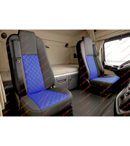 Комплект 1+1 тапицерия от еко кожа за MERCEDES ACTROS MP4 EURO 6 2015-2021 - синьо-черно