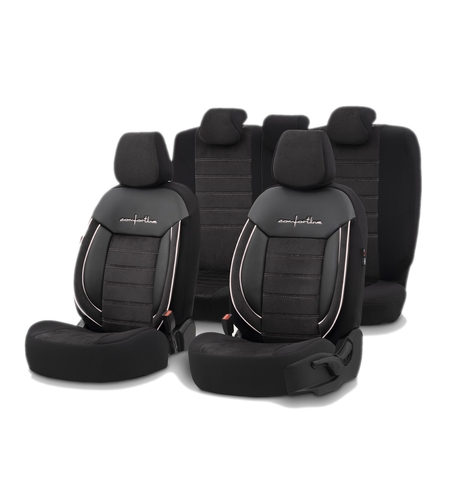 Комплект Луксозна Тапицерия OTOM текстил с еко кожа COMFORT LINE Design – Черна с бял шев, за Предни и Задни Седалки