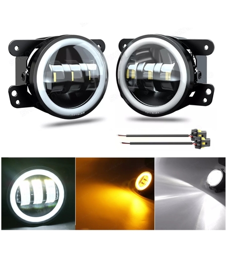 Комплект от 2 броя 4 инча 9.8cм ЛЕД LED фар лампа халоген 12V-24V с DRL дневни светлини мигач бяло-жълто за Jeep Dodge Chrysler Peugeot Ford CITROËN Opel Dacia Jaguar PORSCHE Suzuki Nissan RENAULT