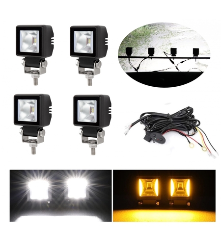 Комплект от 4 броя Лед LED Халогени Лампи с окабеляване Бяла Flood + Оранжева DRL Светлина 12V - 24V за Off Road 4X4 SUV джип мотор автомобил камион градина и др.