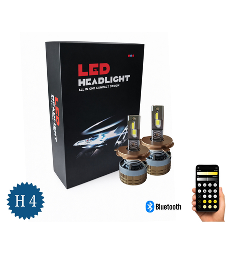 Комплект Smart LED крушки H4 – къси / дълги светлини, Два цвята, CSP Dual Color 3500K – 6500K, Bluetooth приложение, CANBUS, 70W, 12–24V