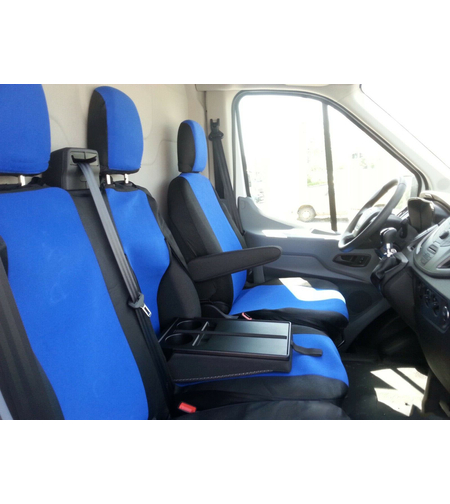 2+1 комплект калъфи / тапицерия - специално ушити за Ford Transit 2013+ - пасват перфектно - с отвор за барчето на двойната седалка - черно и синьо