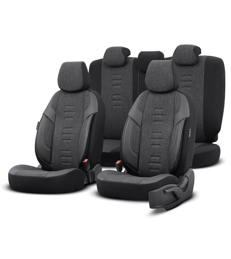 Комплект Луксозна Тапицерия OTOM текстил с еко кожа THRONE Design – Черна със сив шев, за Предни и Задни Седалки