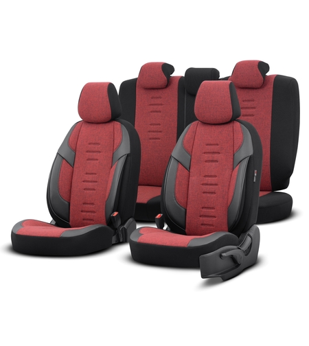 Комплект Луксозна Тапицерия OTOM текстил с еко кожа THRONE Design – Червено-Черна с черен шев, за Предни и Задни Седалки