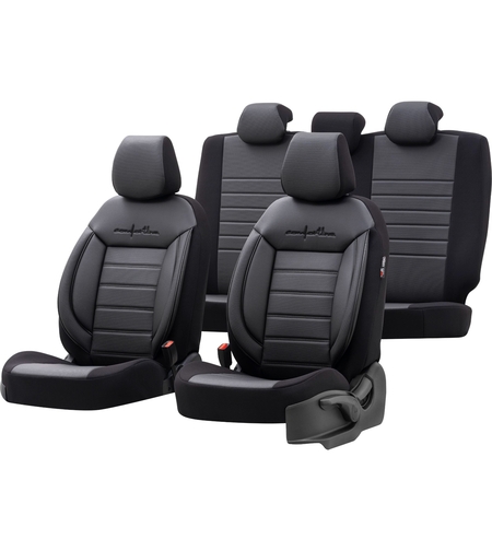 Комплект Луксозна Тапицерия OTOM текстил с еко кожа COMFORT LINE Design – Черна с черен шев, за Предни и Задни Седалки