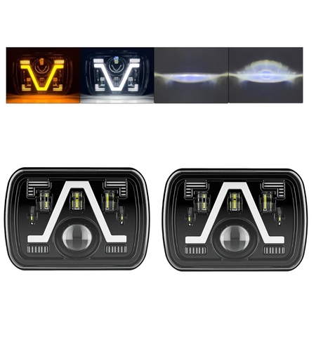 Комплект от 2бр. универсалeн 5x7 инча ЛЕД LED фар лампа халоген 12V-24V къси/дълги с DRL дневни светлини мигач бяло-жълто 9600lm за АТВ джип камион трактор и др.